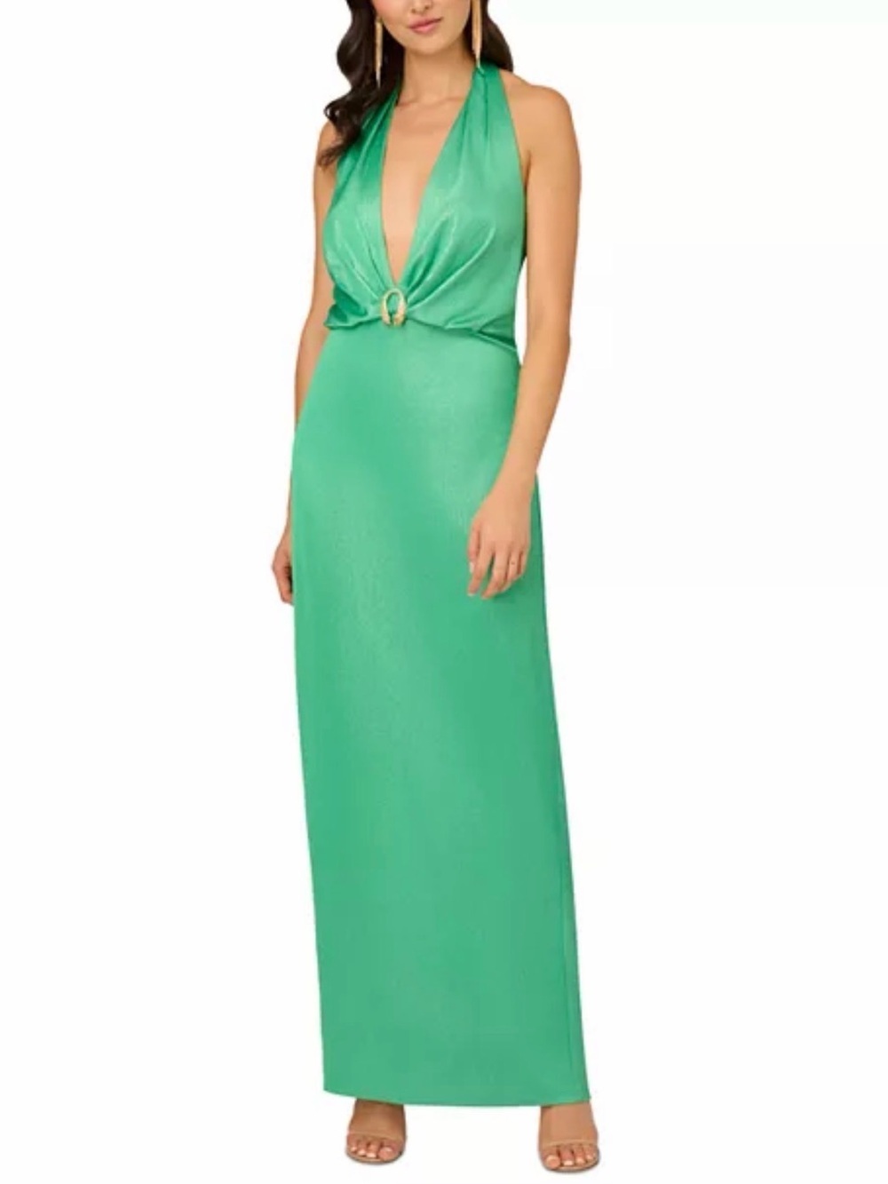 Liv Foster Foiled Satin V-Neck Halter Gown Summer Green Size 6